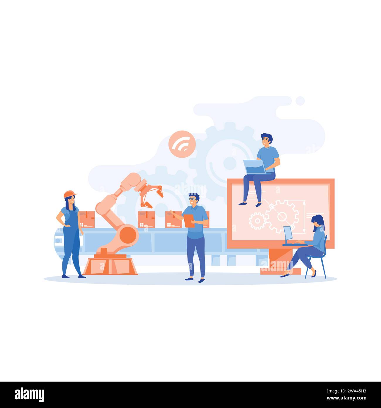 Smart industry. A production line with workers, automation and user interface, flat vector modern illustration Stock Vector