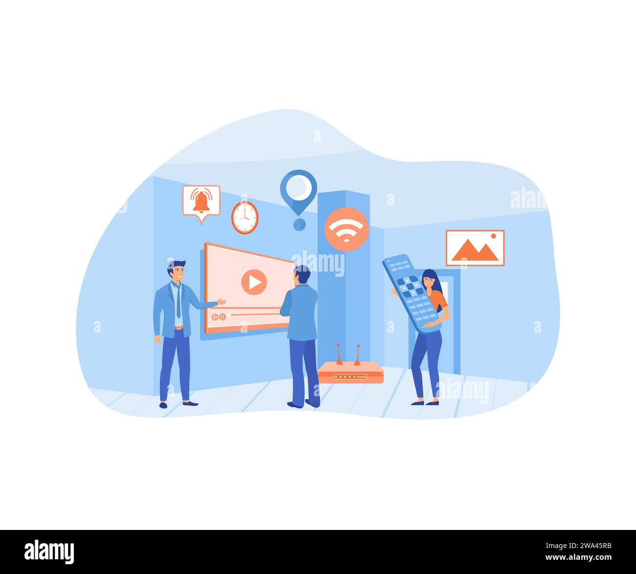 Smart tv technology with tiny people design, flat vector modern illustration Stock Vector