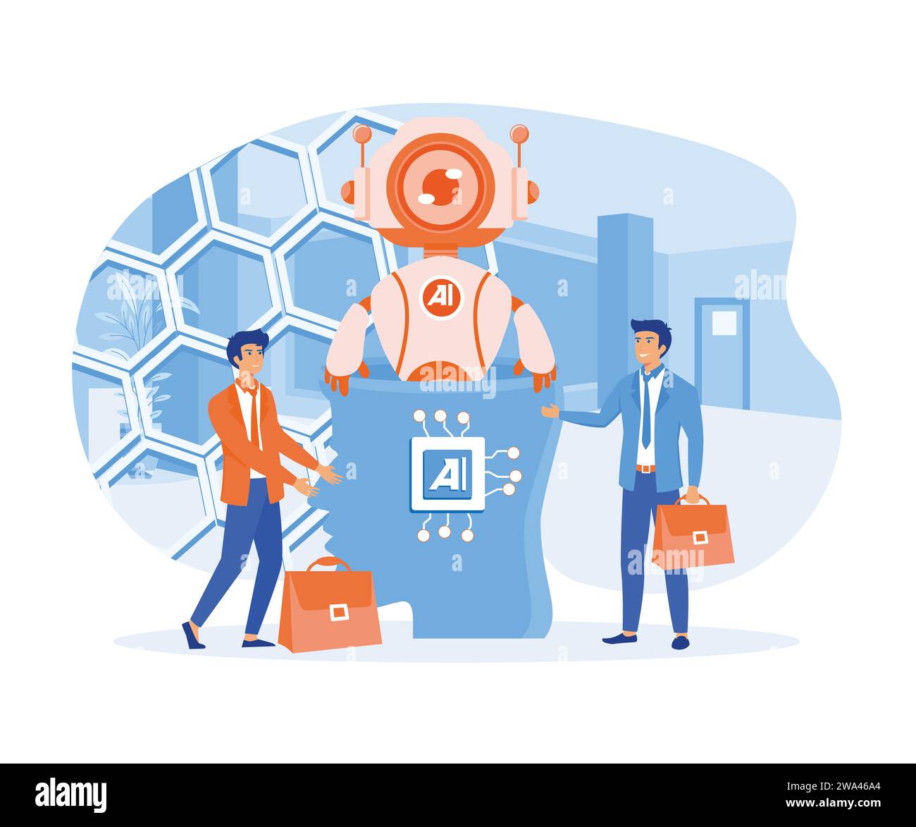 Business industry robot factory concept. Robotic system control put AI processing chip into human brain with AI, Artificial Intelligence. flat vector Stock Vector