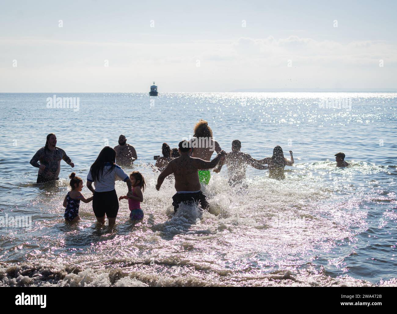 Brooklyn, USA. 01st Jan, 2024. People participate in the 121st annual New Years Day Polar Bear Plunge at Coney Island in Brooklyn, NY held on January 1, 2024. (Photo by Steve Sanchez/Sipa USA). Credit: Sipa USA/Alamy Live News Stock Photo