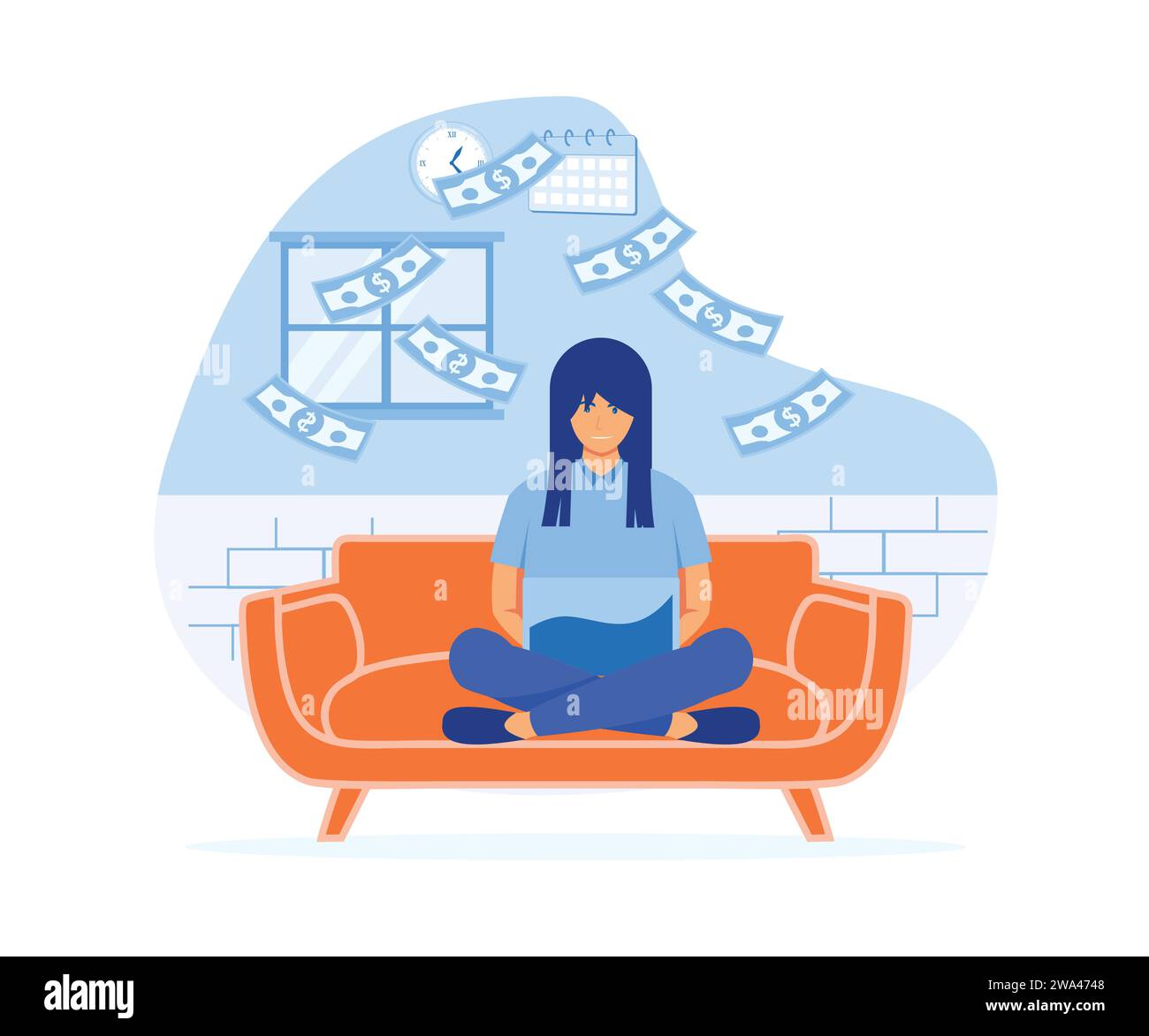 Woman earning money from couch at home. Female person sitting on sofa