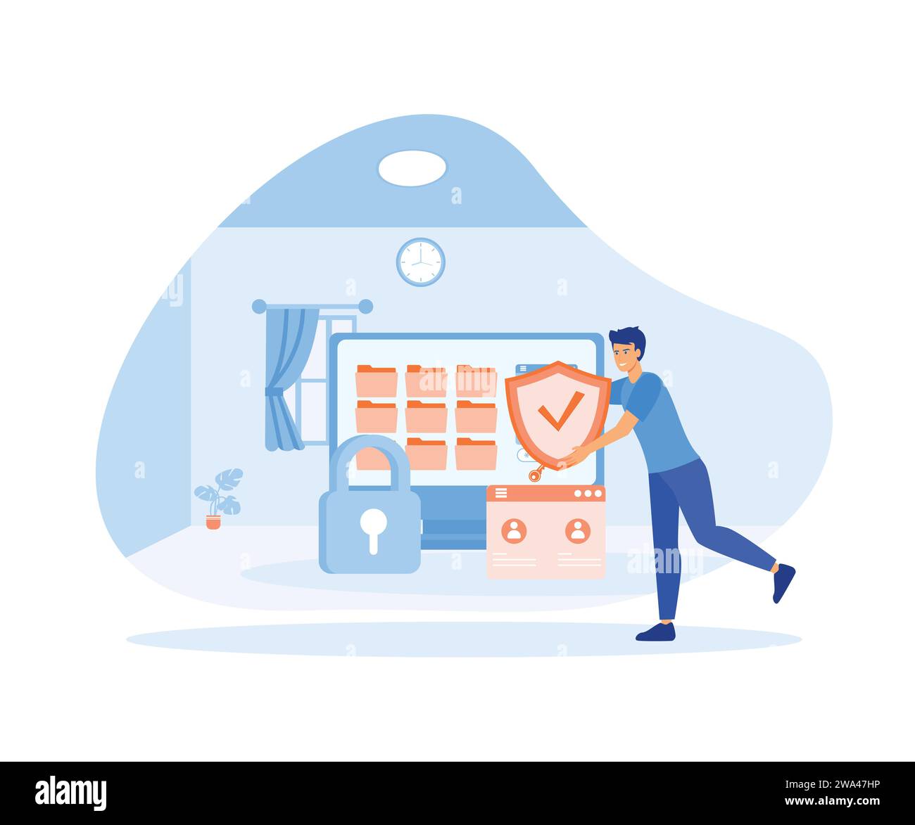 Flat personal cyberspace data security man user with shield log in protection web access control concept. flat vector modern illustration Stock Vector