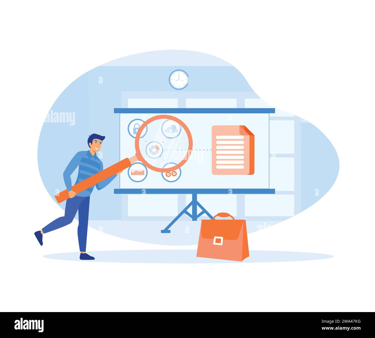 Businessman analyzing big data on graph using magnifying glass. flat vector modern illustration Stock Vector