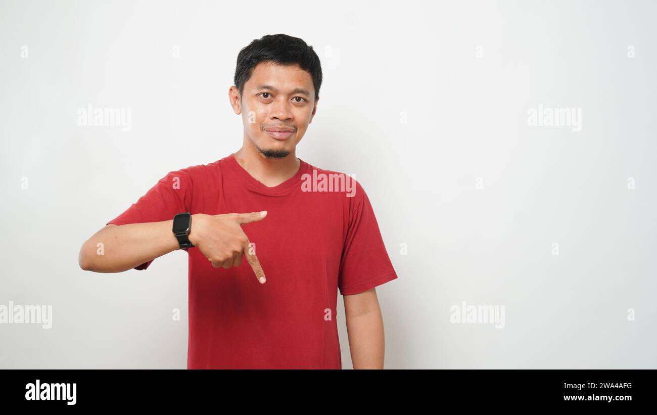 Asian man is using sign language with hand against white background. learn sign language by hand. ASL American Sign Language Stock Photo