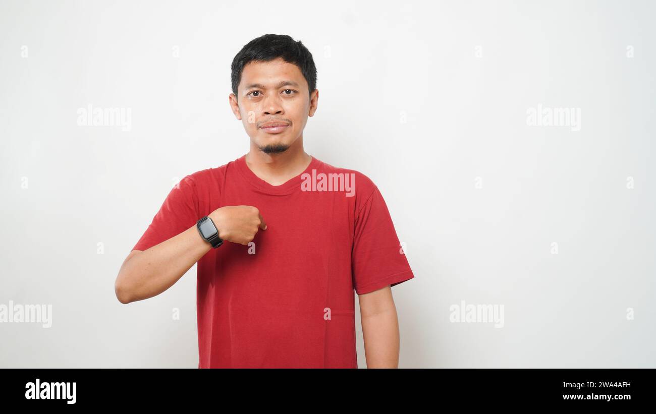 Asian man is using sign language with hand against white background. learn sign language by hand. ASL American Sign Language Stock Photo