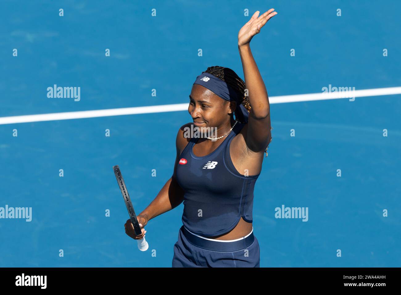 Coco Gauff of the U.S. celebrates her first round win