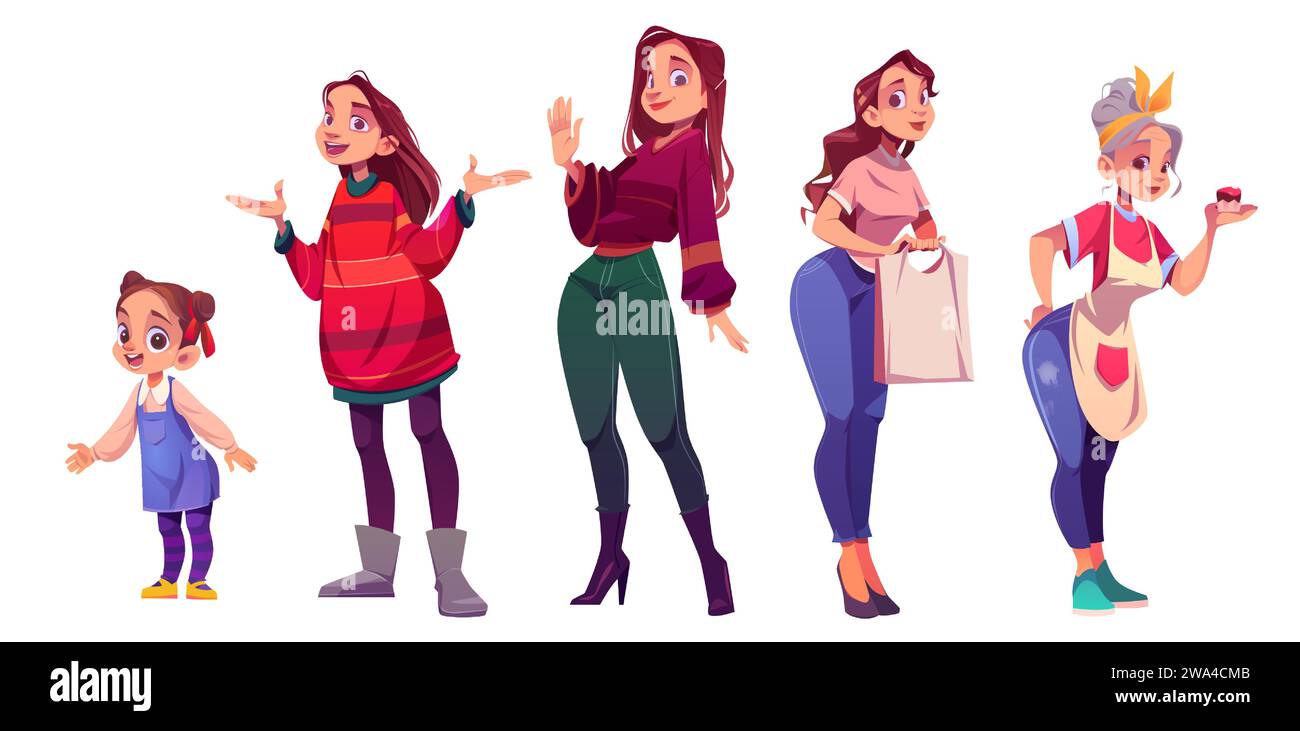 Female character child to senior age life cycle set. Vector cartoon ...