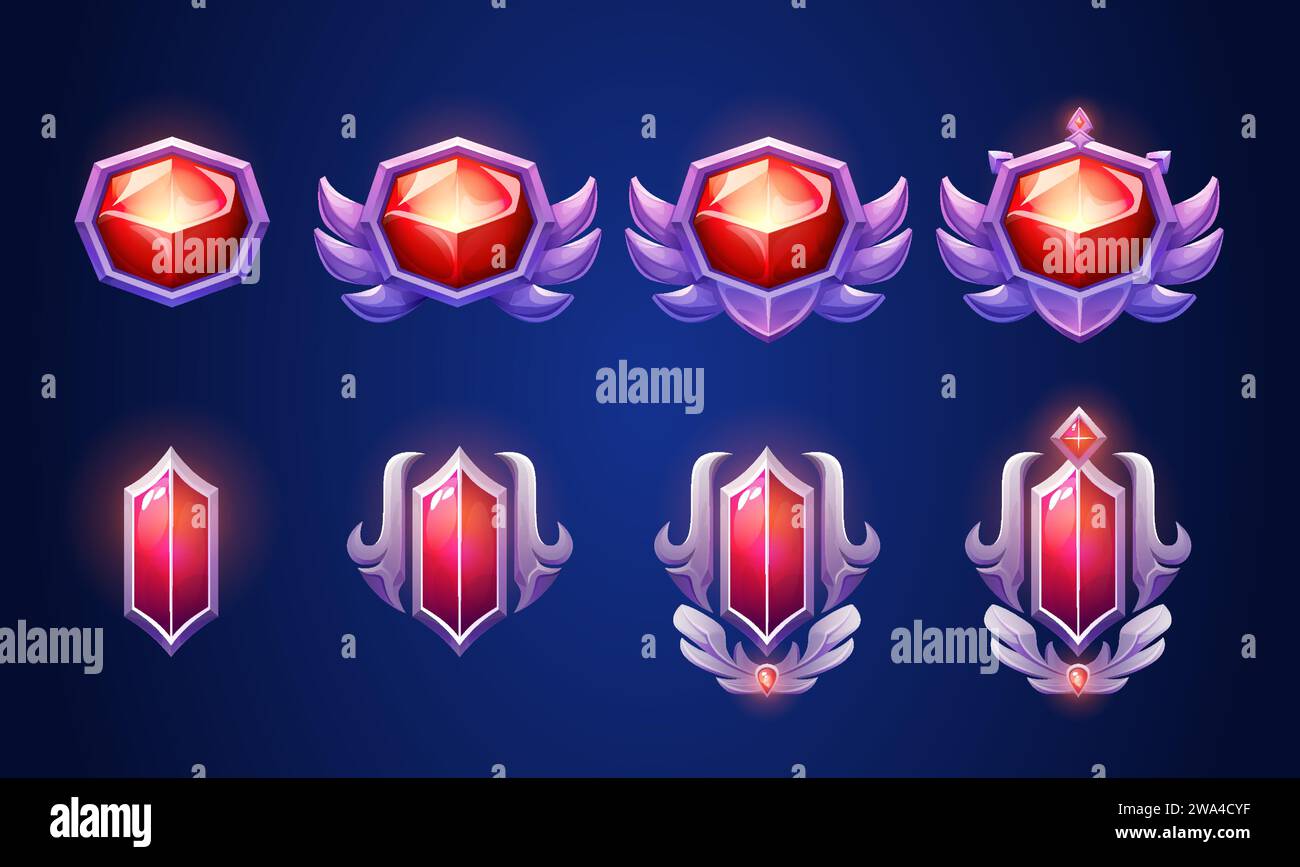 Silver metallic jewelry and treasure emblem or badge with red diamond for game ui level rank design. Cartoon vector evolution stages of medieval medallion with gem of various complexity for rpg award. Stock Vector