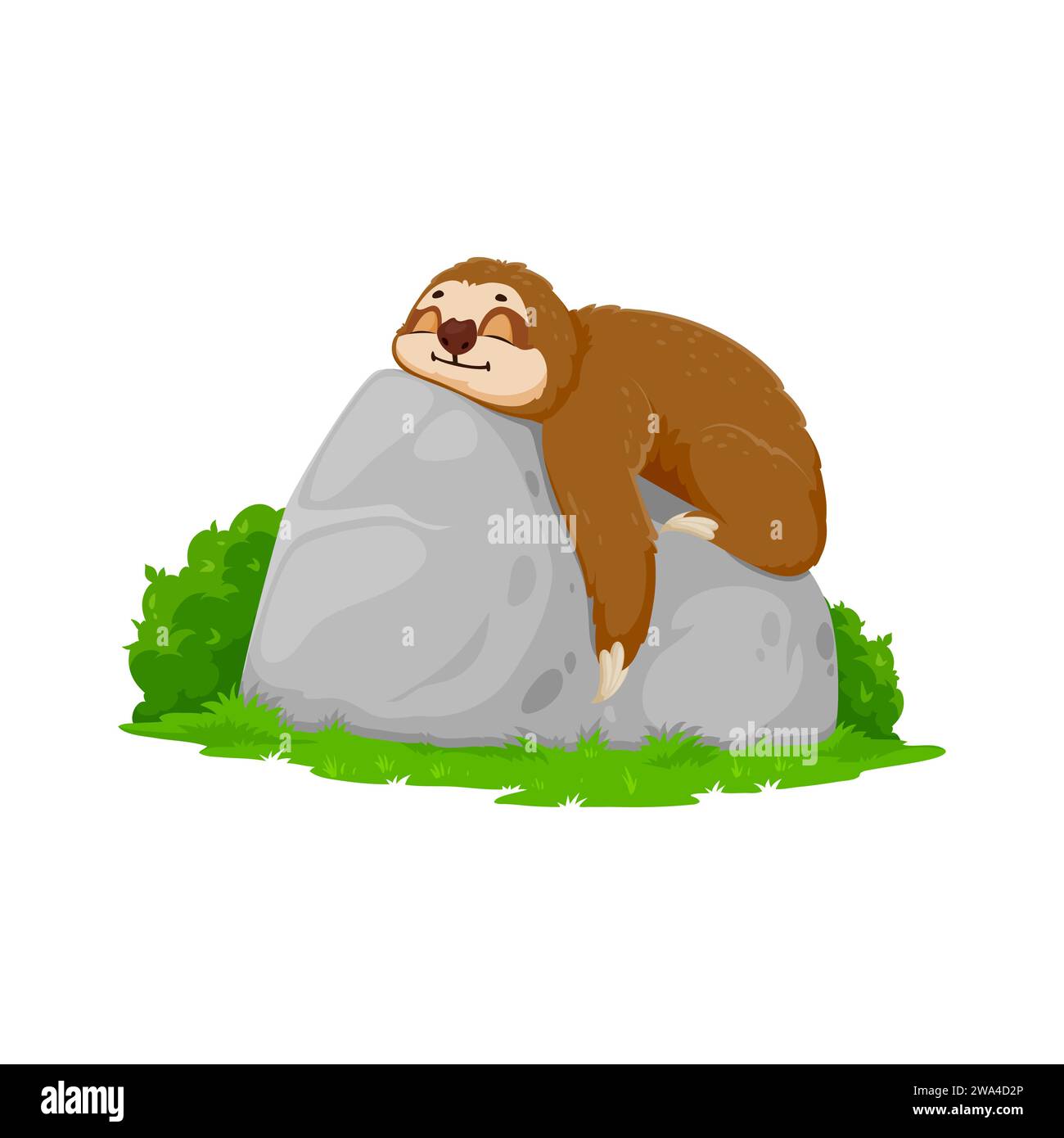 Cartoon funny sloth character resting on stone. Amazon rainforest