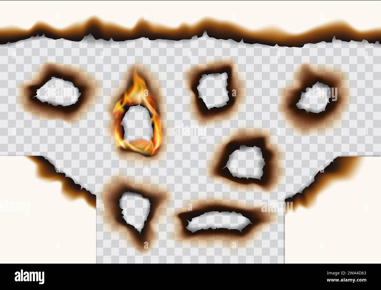 Burning paper with holes, fire flames and burnt edges, realistic vector