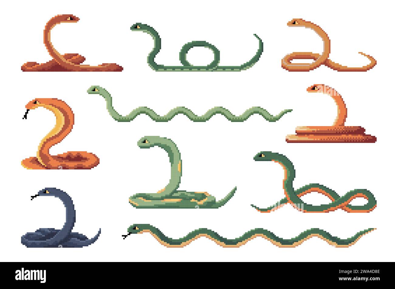 8 bit arcade game pixel snakes or reptile characters, vector cartoon ...