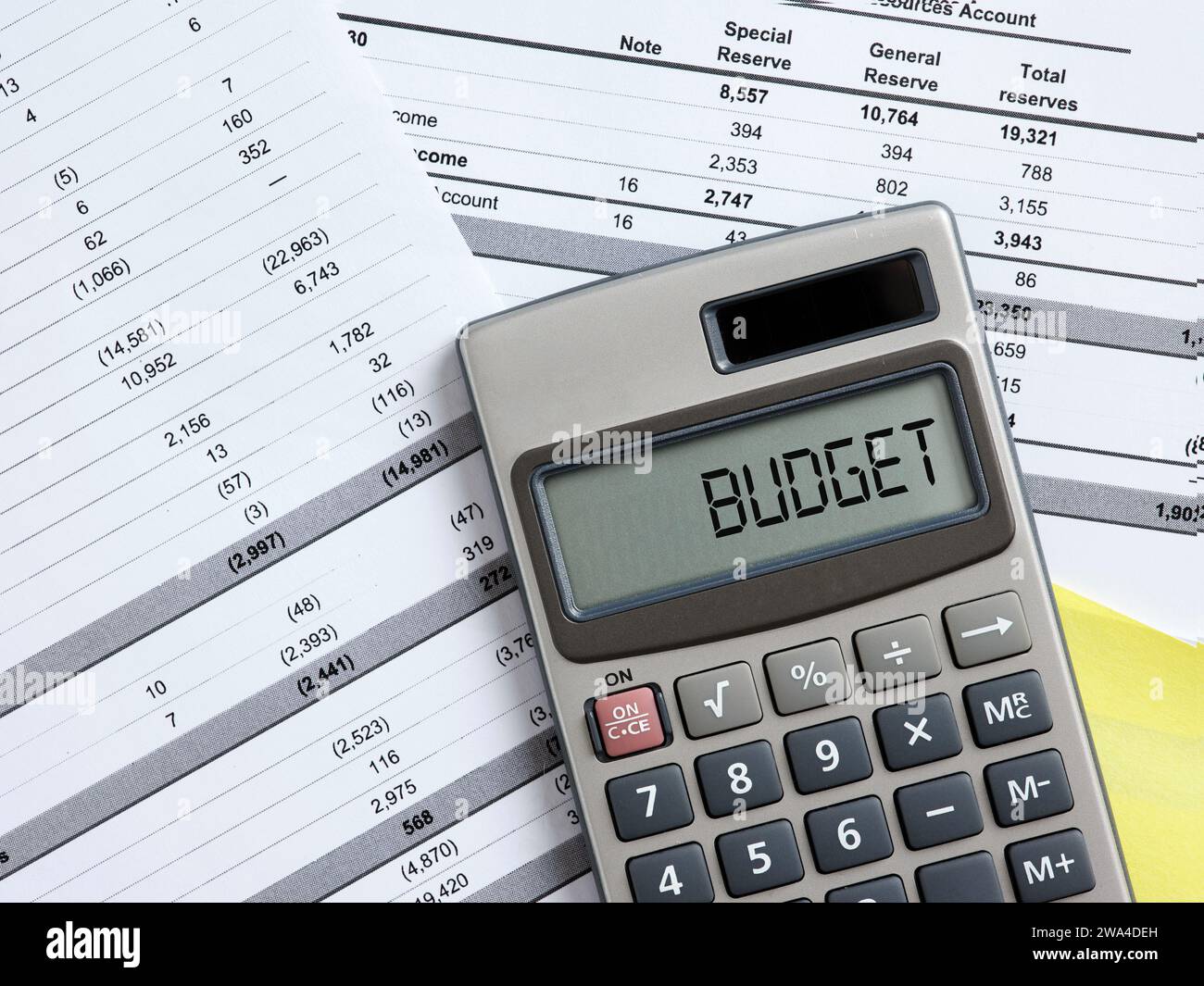 Budgeting and budget calculation or analysis. The word budget on a calculator. Stock Photo