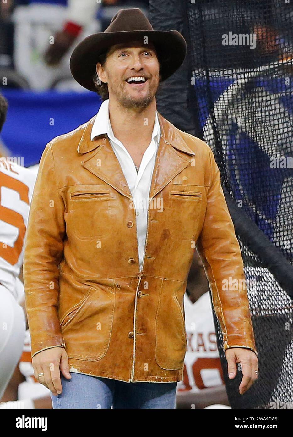 New Orleans, United States. 02nd Jan, 2024. Actor Matthew McConaughey walks on the sidelines of the Allstate Sugar Bowl between the Texas Longhorns and Washington Huskies in Caesars Superdome in New Orleans, Louisiana on Monday, January 1, 2024. Photo by AJ Sisco/UPI Credit: UPI/Alamy Live News Stock Photo