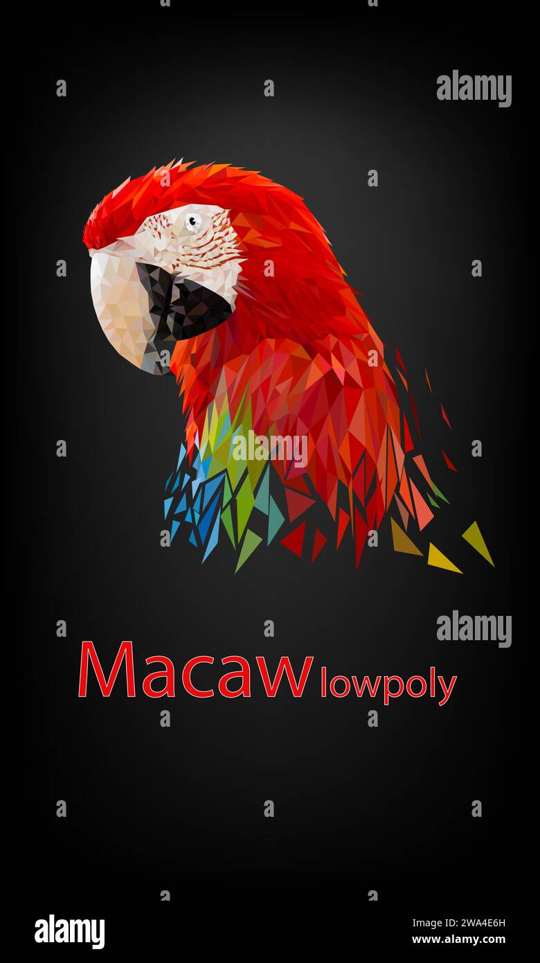 Polygon Graphics red macaw parrot on black background vector illustration Stock Vector