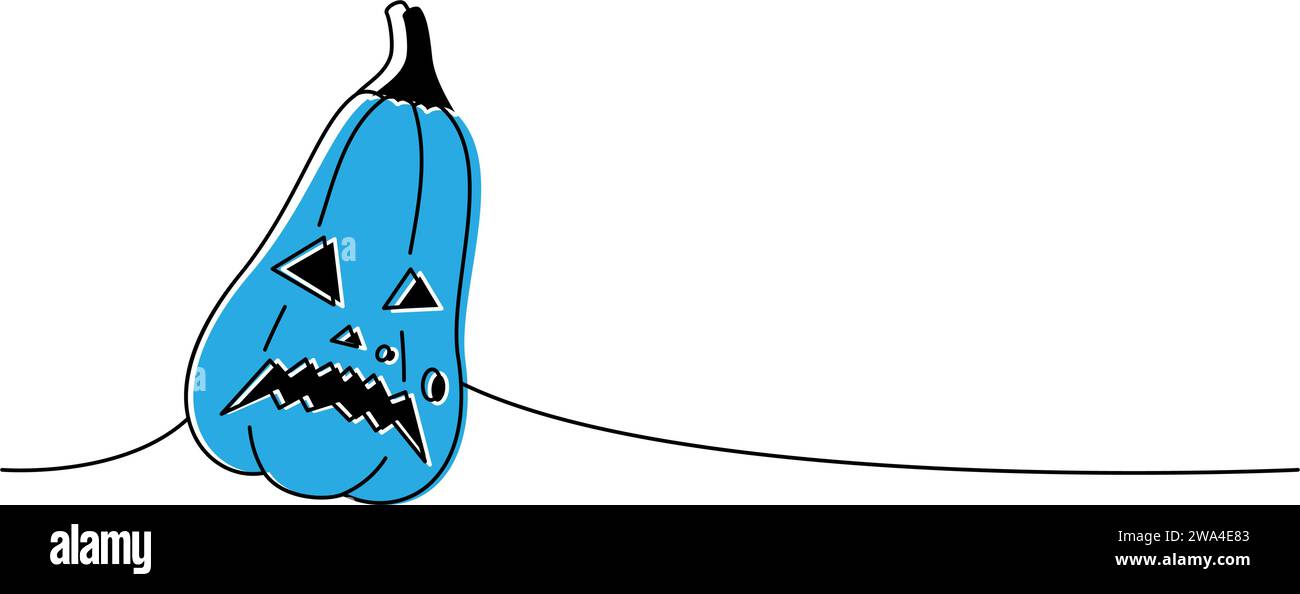 Halloween pumpkin with scary face, autumn vegetable one line colored ...
