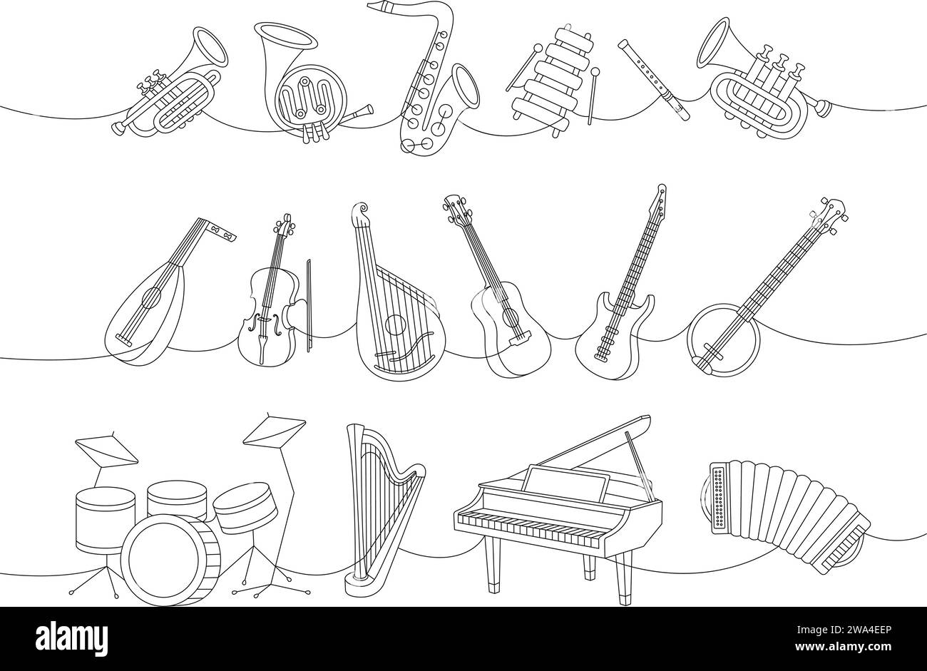 Musical instruments set. Tuba, trumpet, french horn, saxophone