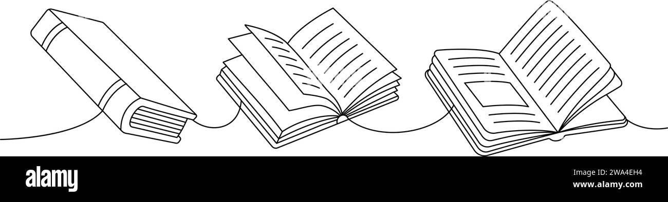 Opened and closed books. Back to school one line continuous drawing. School accessories continuous one line illustration. Stock Vector