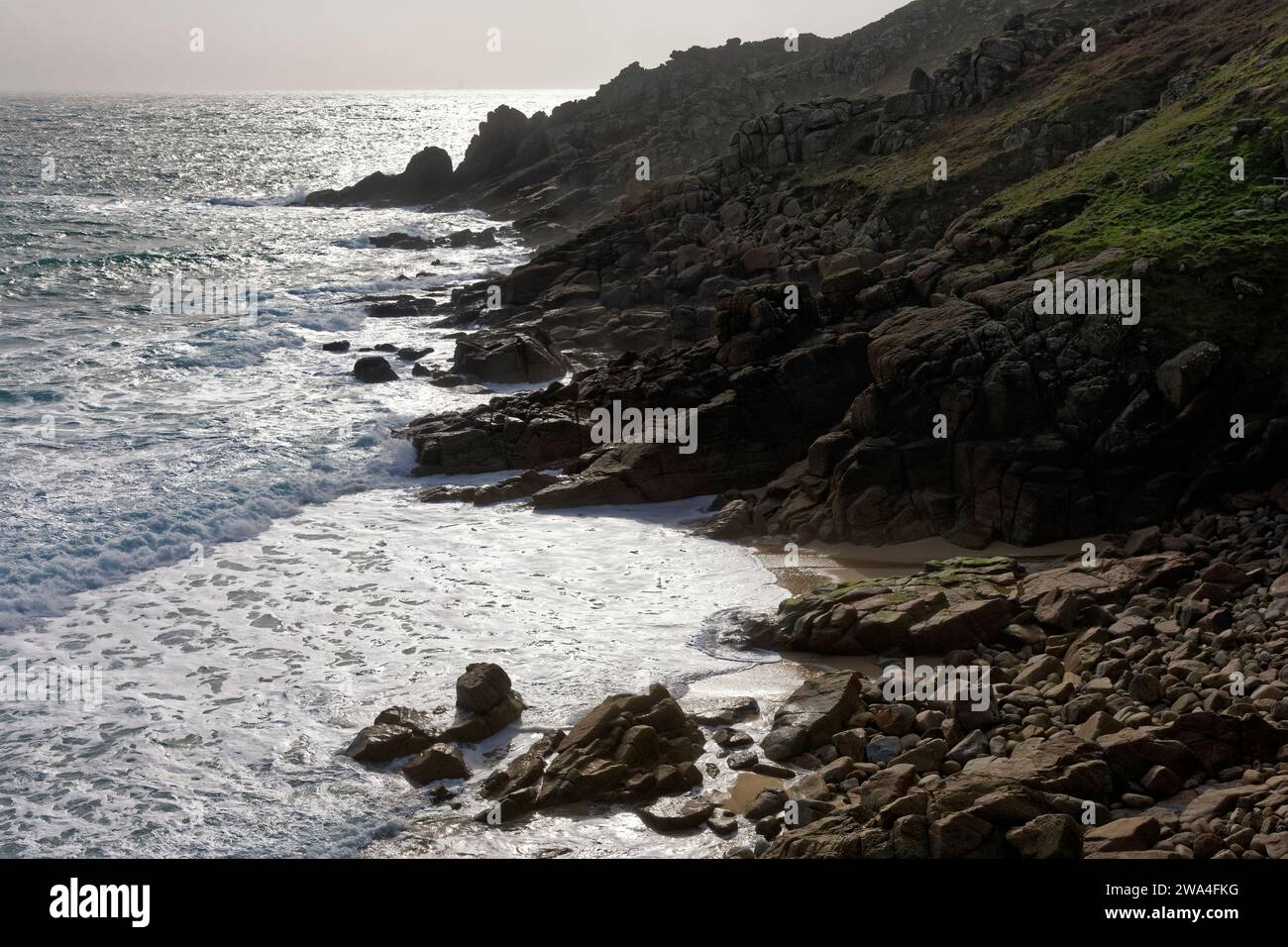 Carn Barges and Vessacks viewed from Porth Chapel, West Penwith, Cornwall, UK Stock Photo