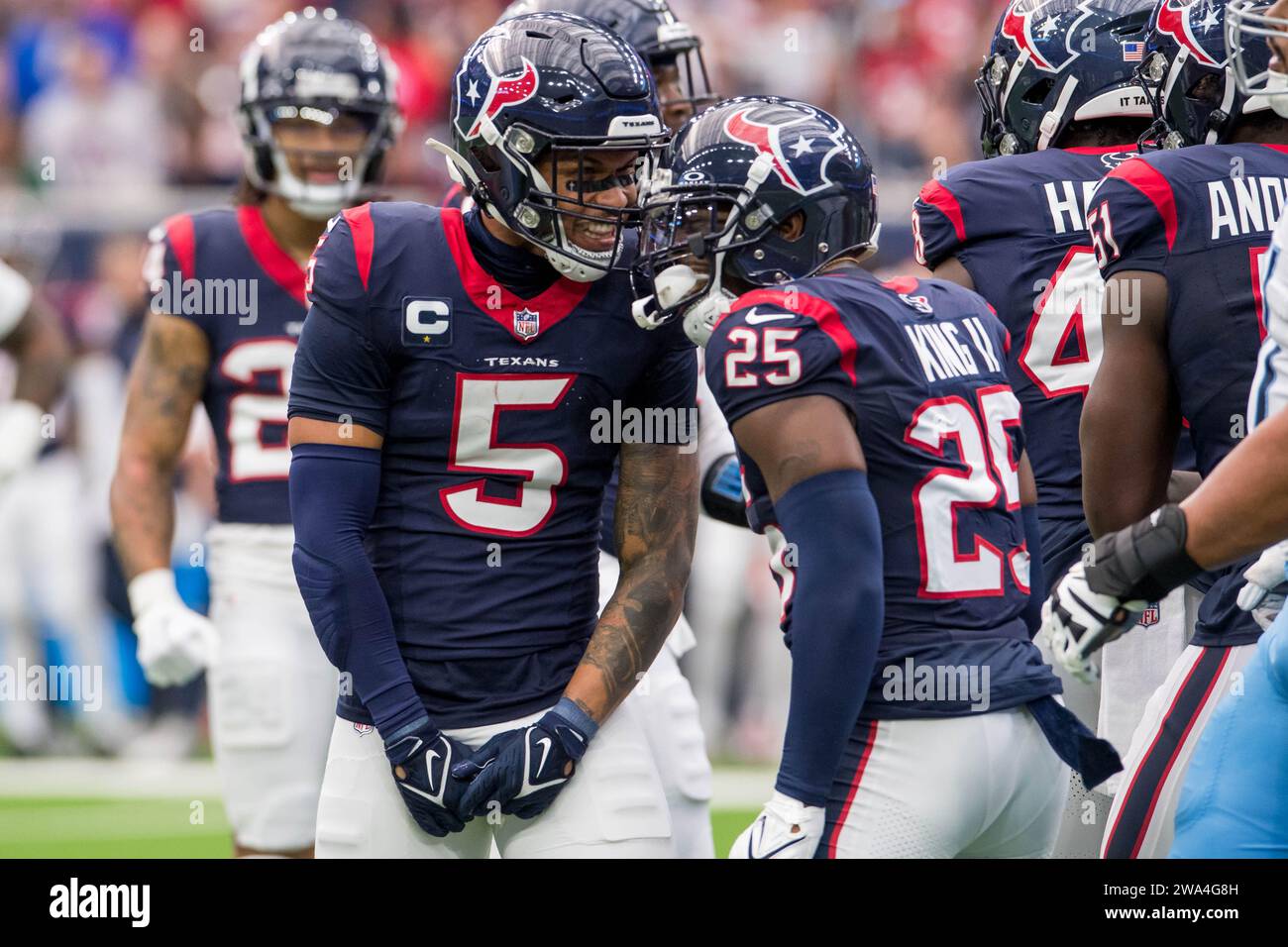 December 31, 2023: Houston Texans safety Jalen Pitre (5) and cornerback Desmond King II (25) celebrate a stop during a game between the Tennessee Titans and the Houston Texans in Houston, TX. ..Trask Smith/CSM (Credit Image: © Trask Smith/Cal Sport Media) Stock Photo