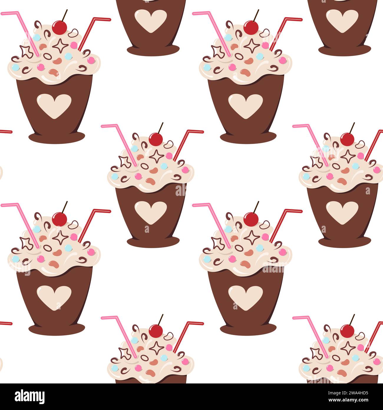 Seamless pattern of dessert in a cup with cocktail straw decoration and cream in trendy soft shades. Isolate. EPS. Vector for wrapping, wallpaper, poster, banner or cards, web and other different uses Stock Vector