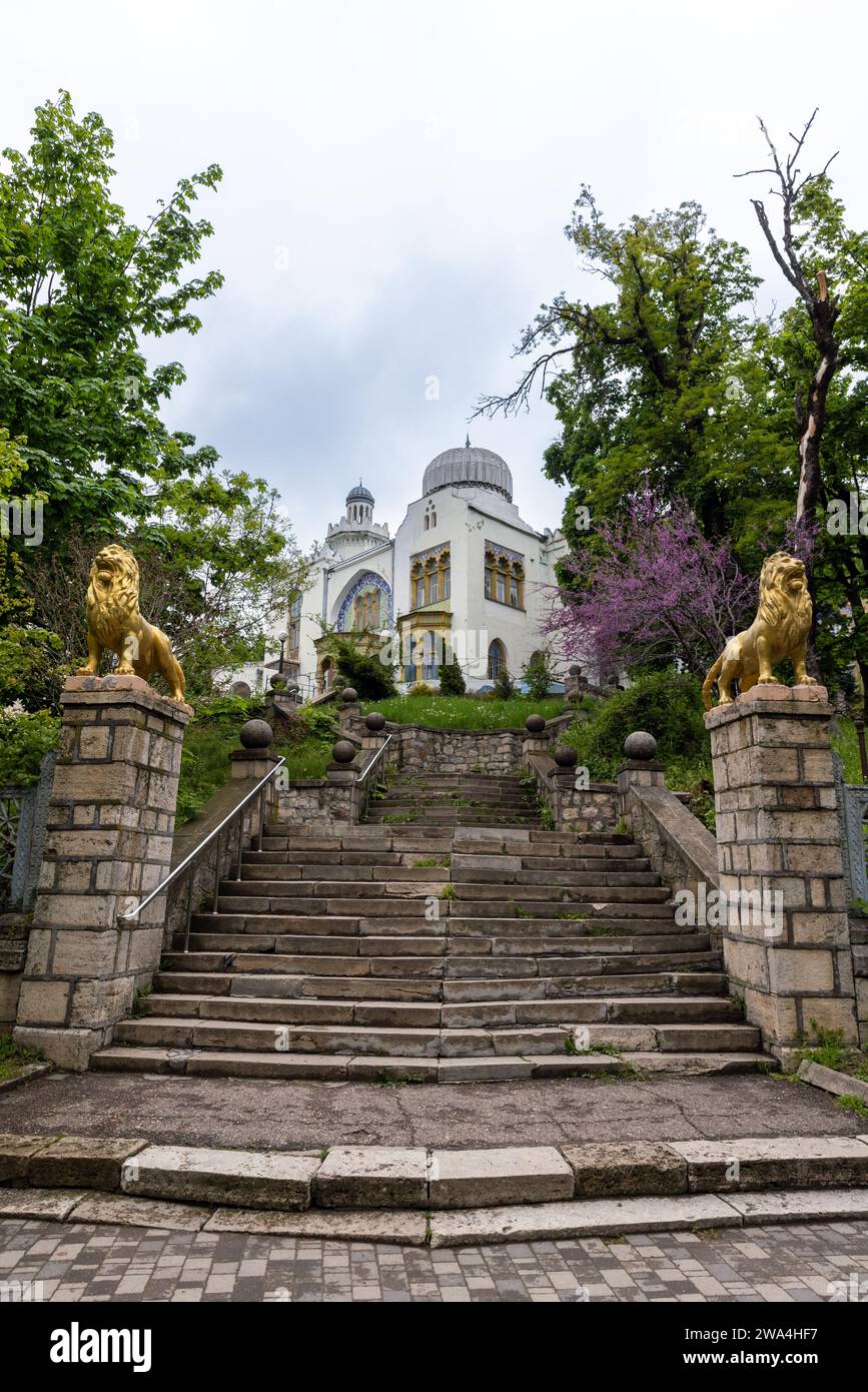 Zheleznovodsk, Russia - May 11, 2023: Old stairs goes up to The Palace of the Emir of Bukhara is a palace ensemble in the resort park of the city of Z Stock Photo