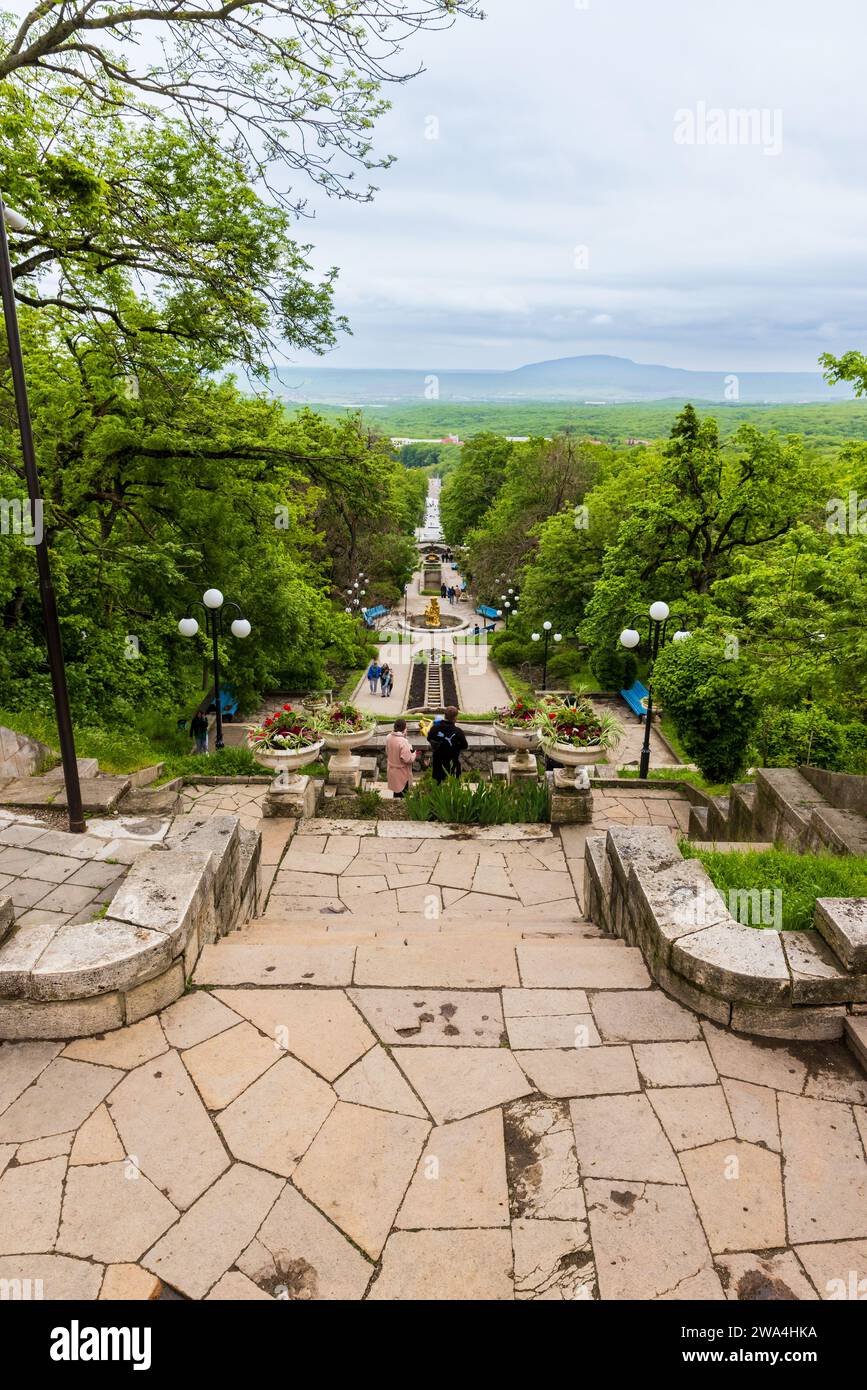 Zheleznovodsk, Russia - May 11, 2023: The Cascade Staircase perspective view on a daytime, people walk the stairs Stock Photo