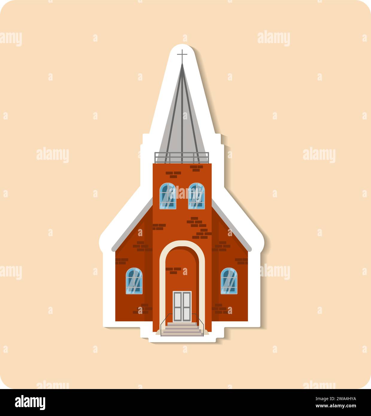 Church sticker illustration. Building, cross, window, door, roof, tree