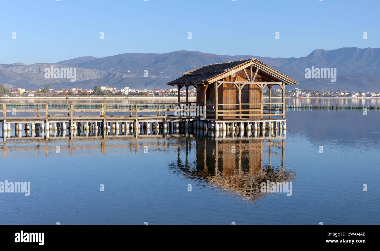A traditional stilt house in the lagoon of Messolonghi, Greece, called