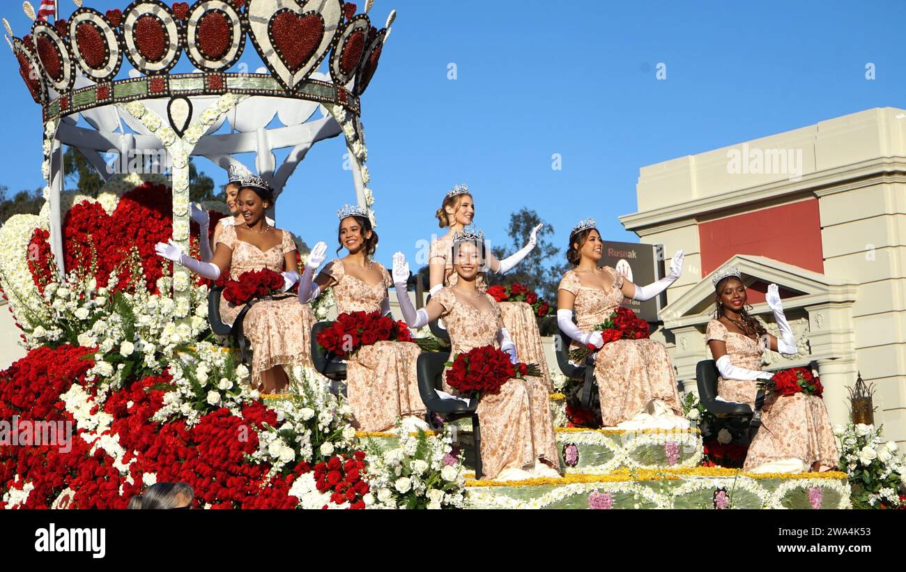 Pasadena, USA. 1st Jan, 2024. Rose Queen and Princesses ride on their float along Colorado
