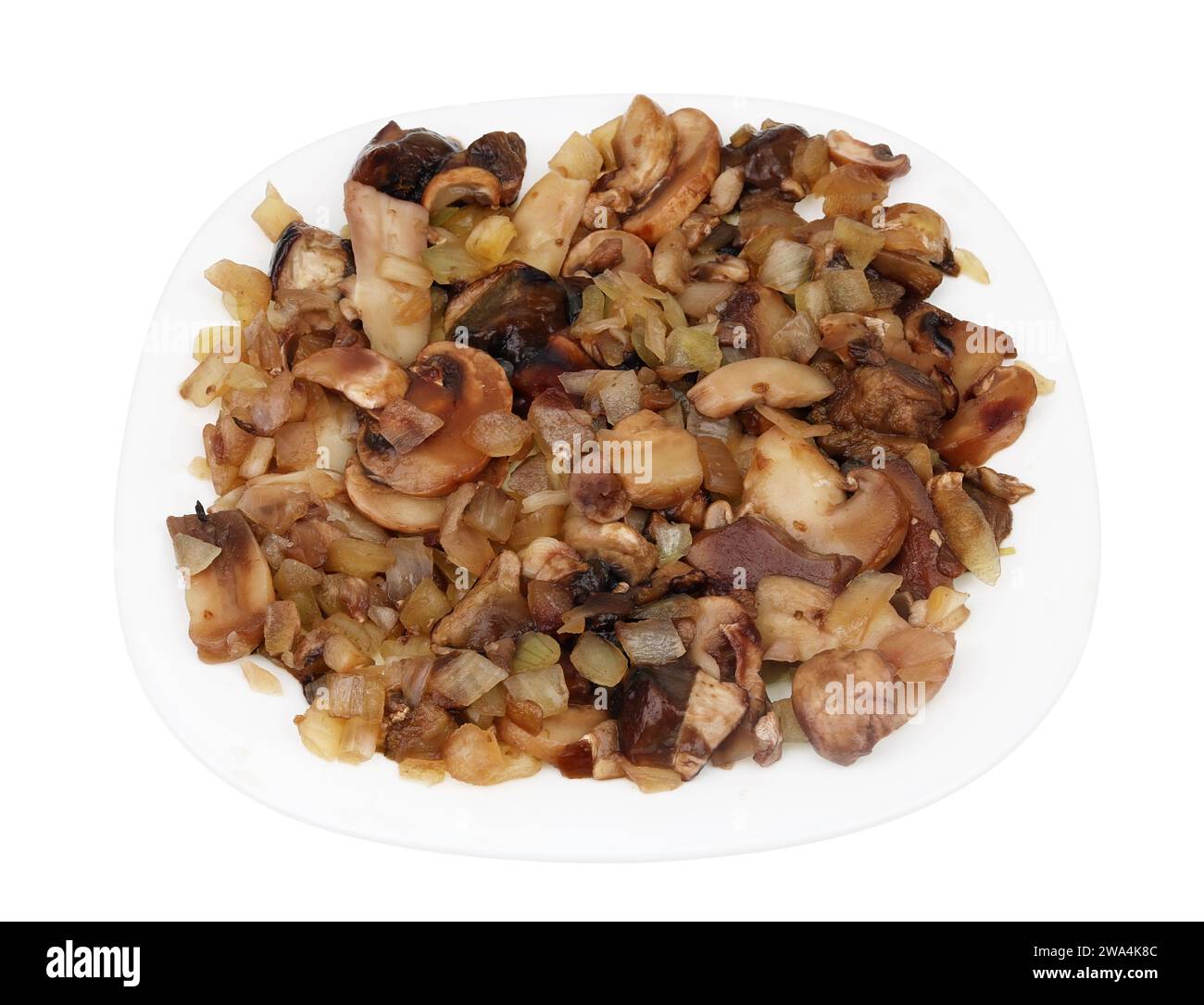 Defrosted porcini mushrooms with onion for julienne isolated on white