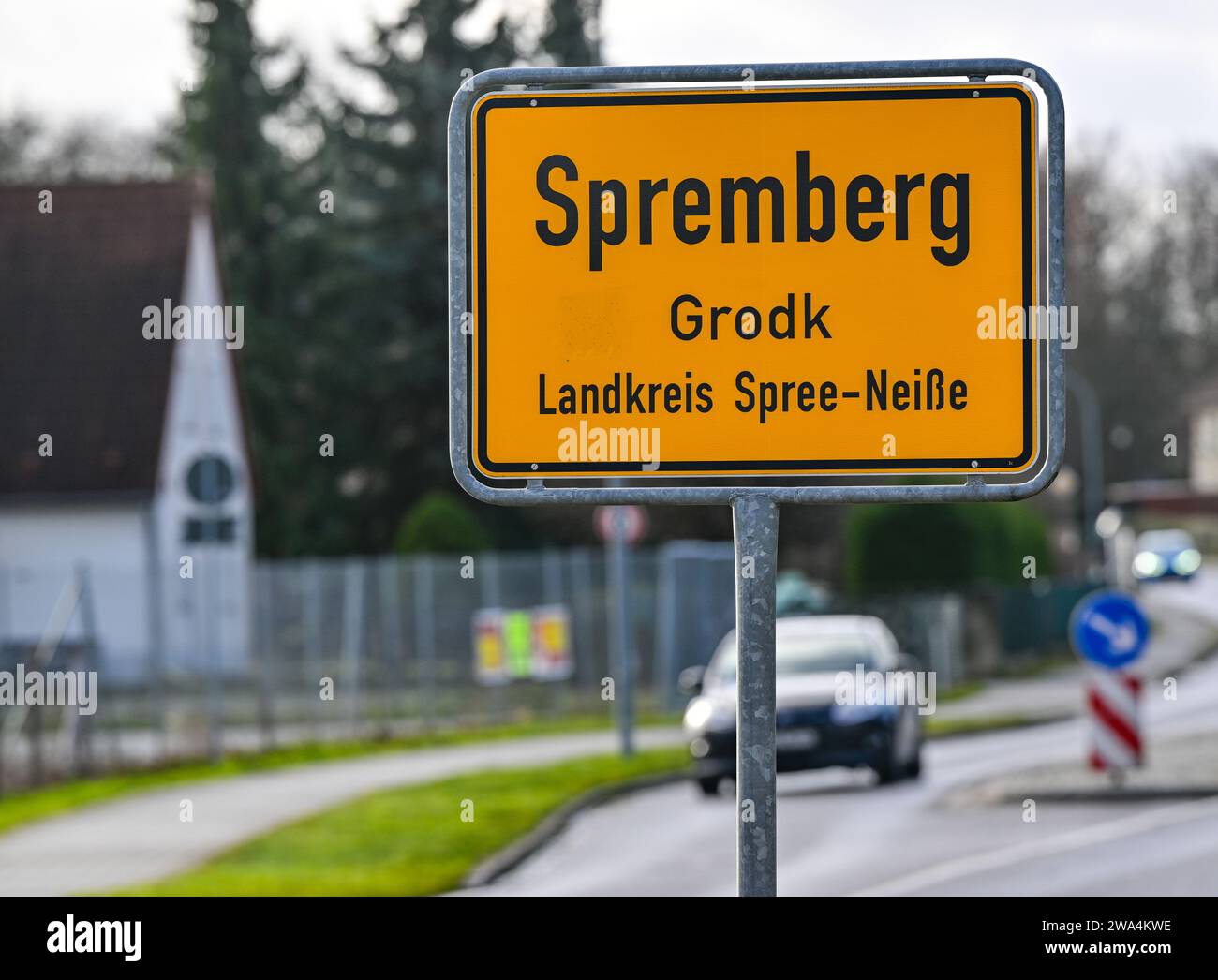 Spremberg, Germany. 22nd Dec, 2023. The town entrance sign of the town in the district of Spree-Neisse. Credit: Patrick Pleul/dpa/Alamy Live News Stock Photo
