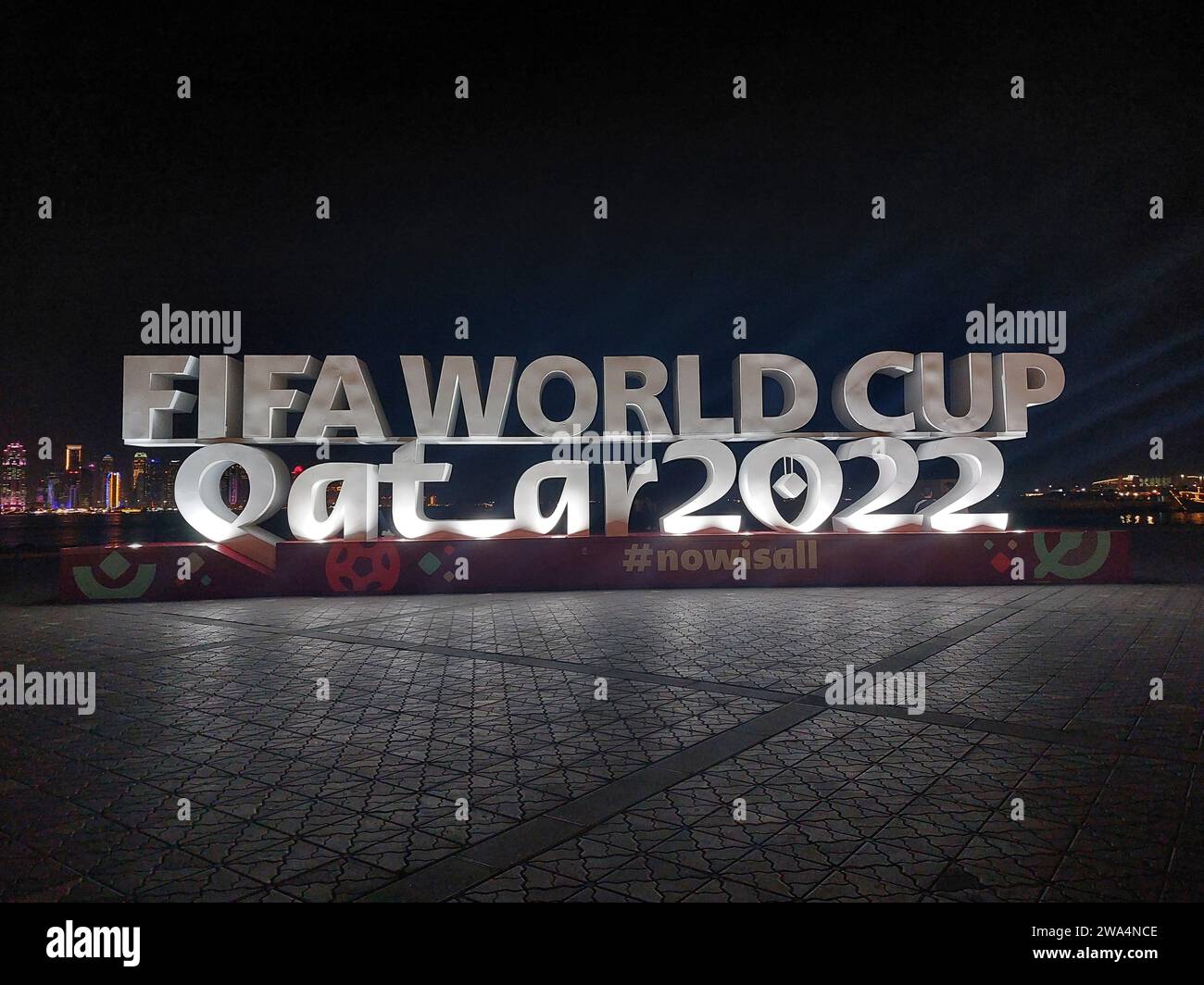 Fifa World Cup Qatar 2022 poster on Corniche, Doha Stock Photo
