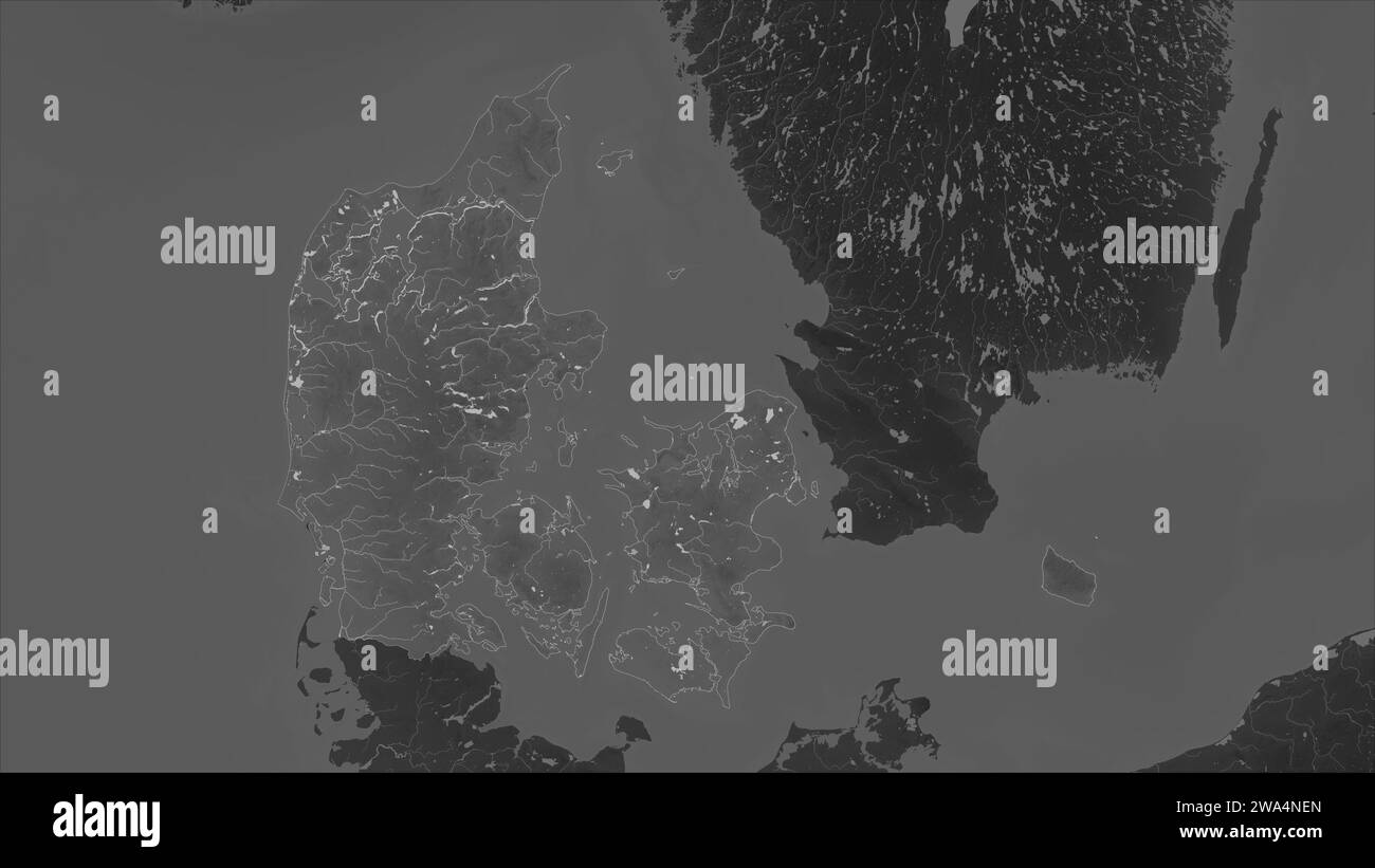 Denmark highlighted on a Grayscale elevation map with lakes and rivers Stock Photo