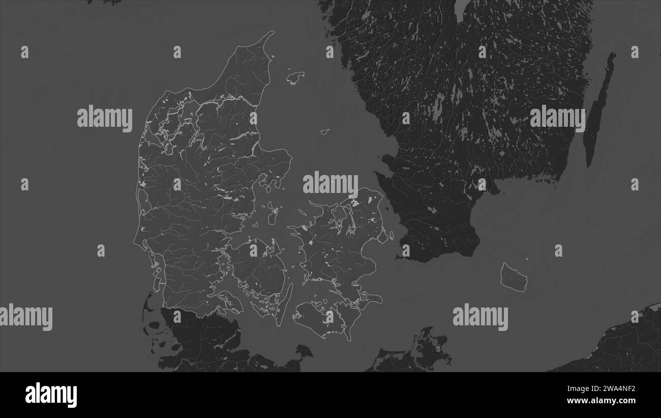 Denmark highlighted on a Bilevel elevation map with lakes and rivers Stock Photo