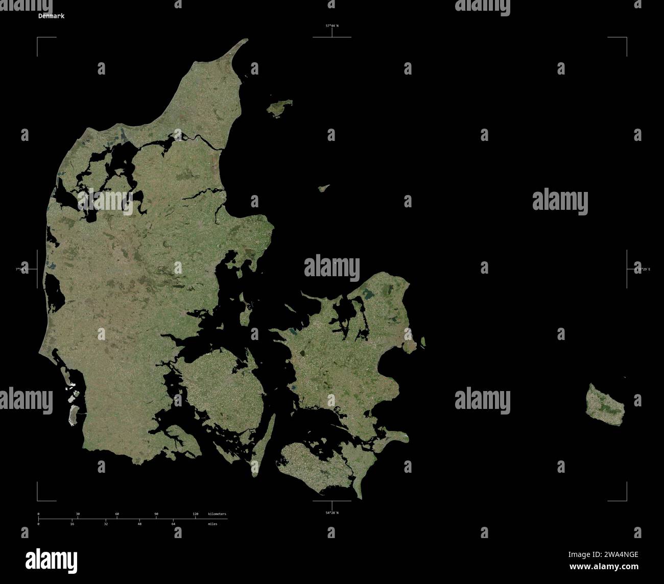 Shape of a high resolution satellite map of the Denmark, with distance scale and map border coordinates, isolated on black Stock Photo