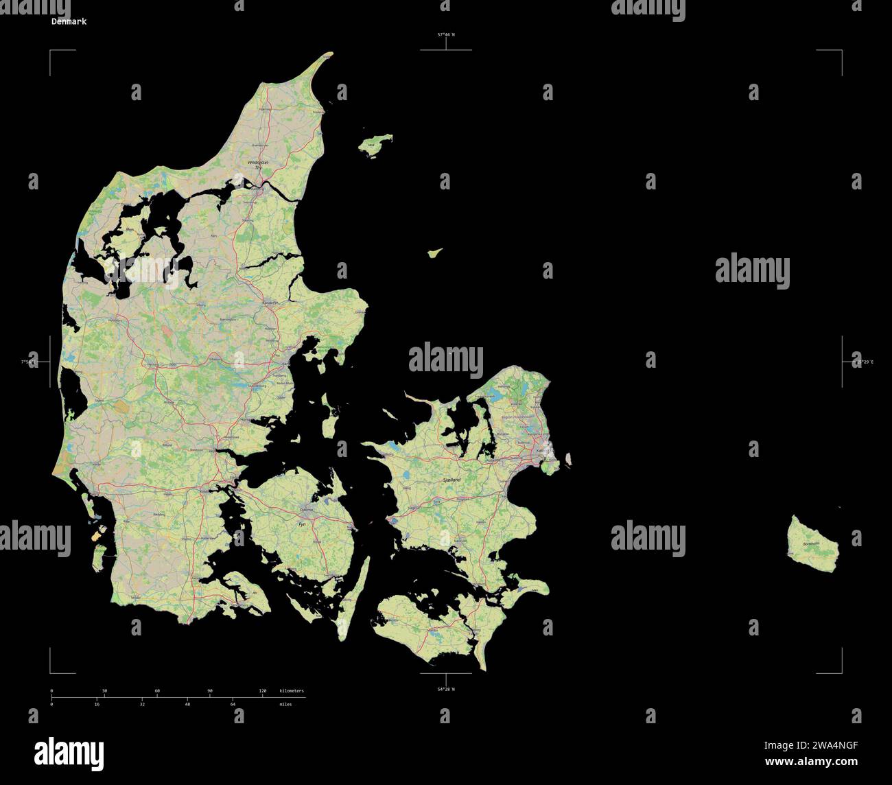 Shape of a topographic, OSM standard style map of the Denmark, with distance scale and map border coordinates, isolated on black Stock Photo