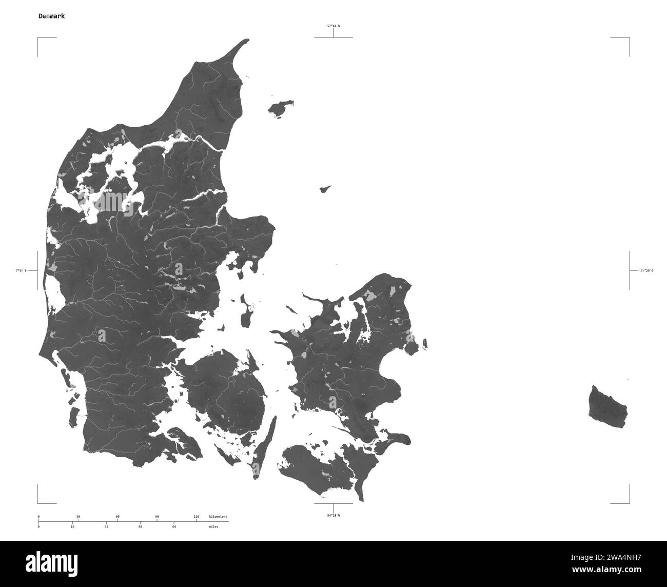 Shape of a Grayscale elevation map with lakes and rivers of the Denmark, with distance scale and map border coordinates, isolated on white Stock Photo