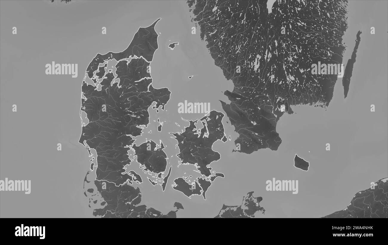 Denmark outlined on a Grayscale elevation map with lakes and rivers Stock Photo