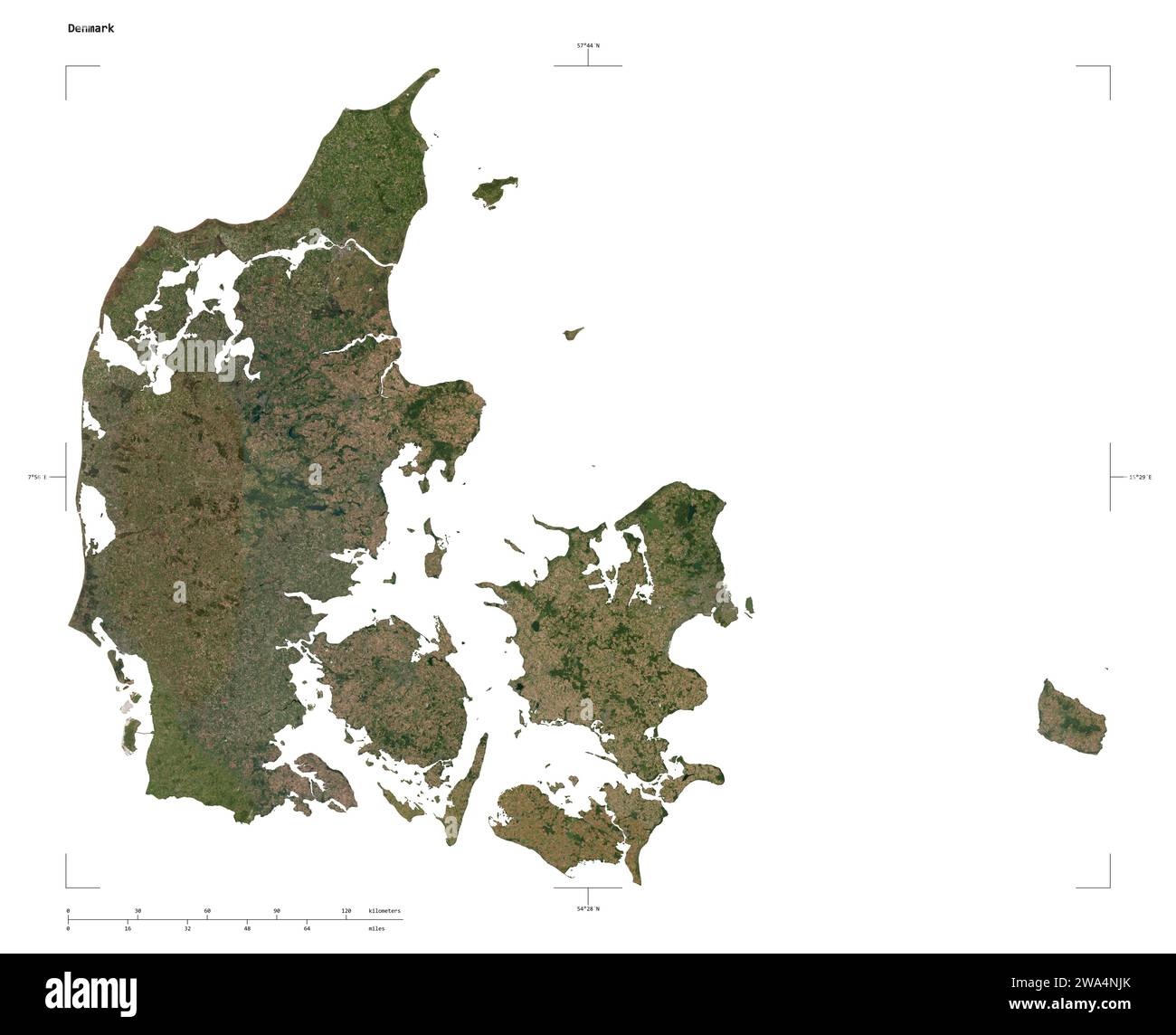 Shape of a low resolution satellite map of the Denmark, with distance scale and map border coordinates, isolated on white Stock Photo