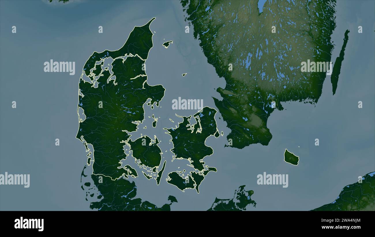 Denmark outlined on a Colored elevation map with lakes and rivers Stock ...