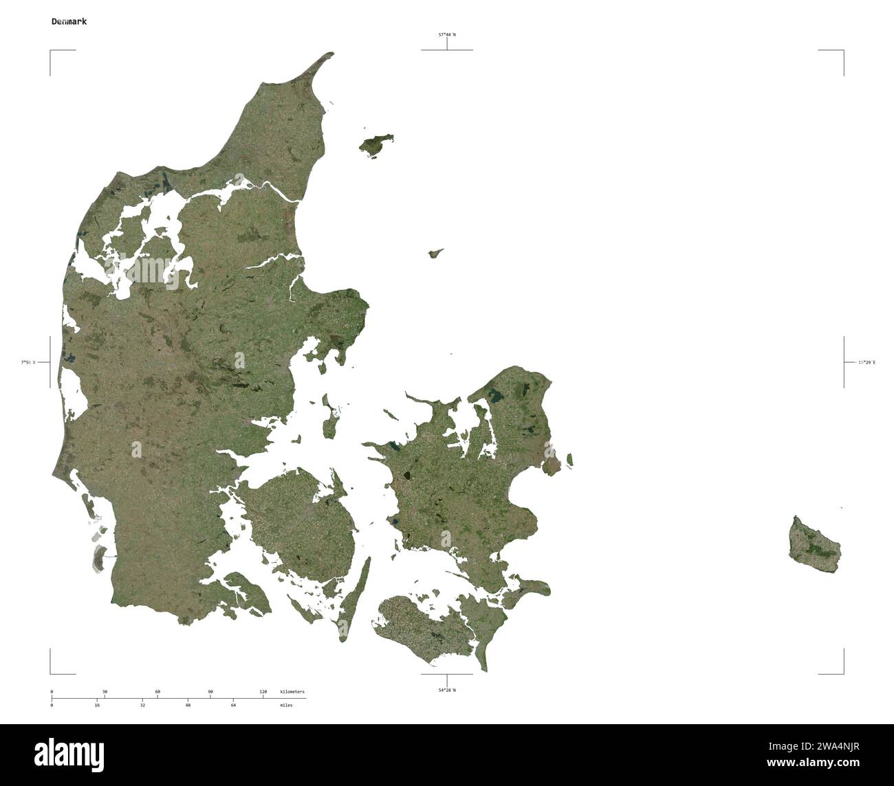 Shape of a high resolution satellite map of the Denmark, with distance scale and map border coordinates, isolated on white Stock Photo