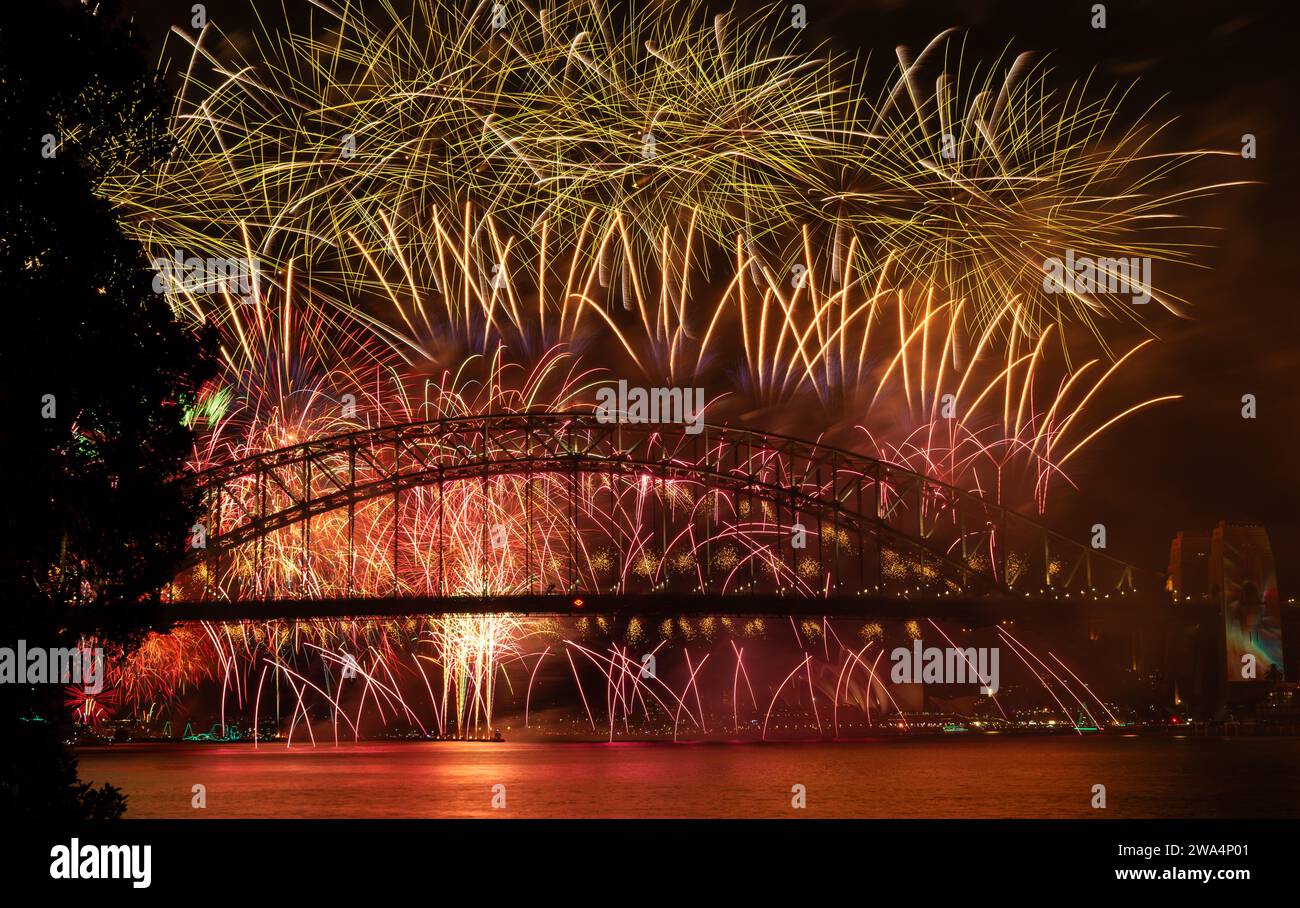 Sydney new years eve fireworks display from Sydney harbour bridge 2023 Stock Photo