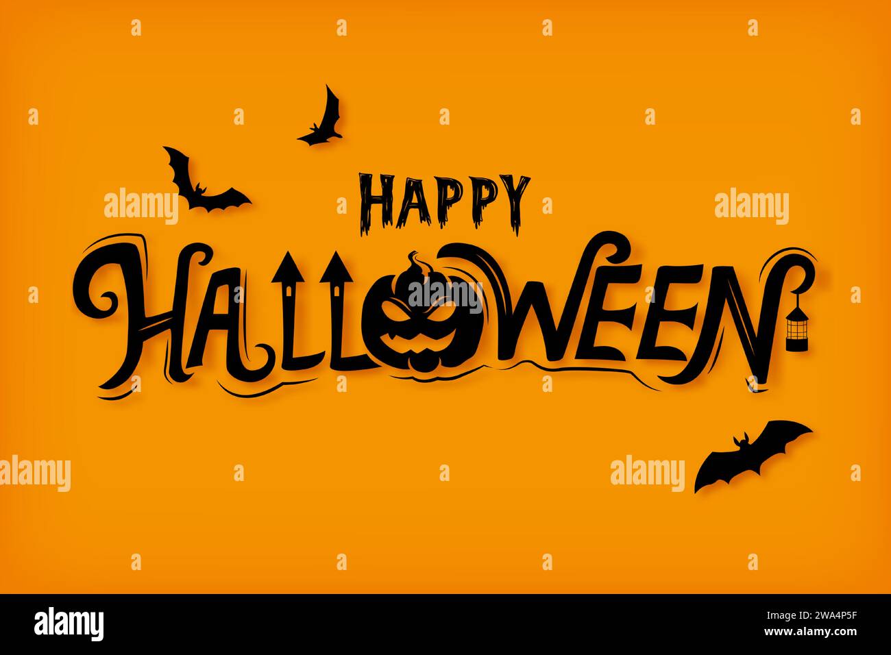 Happy Halloween text lettering typography with decoration elements on orange background, vector illustration Stock Vector