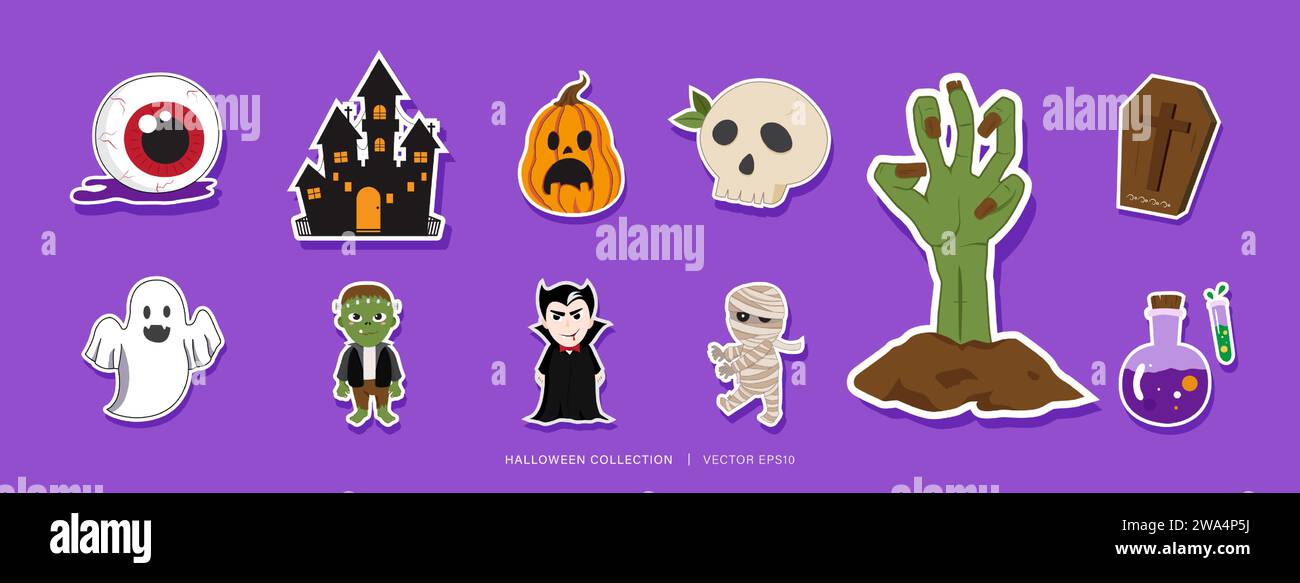 Cute Halloween decoration element sticker set, vector illustration design Stock Vector
