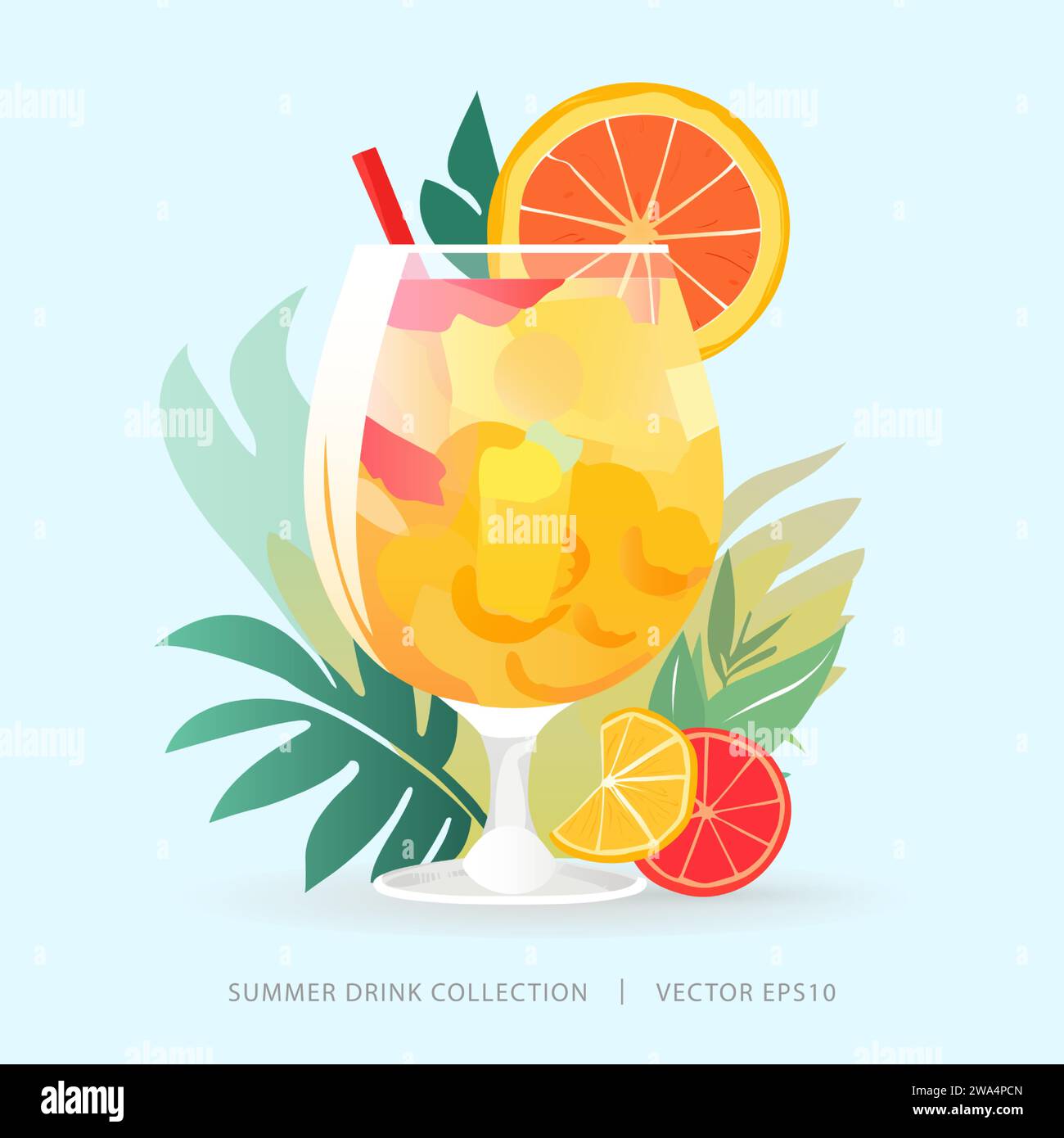 Tropical summer cocktail drink in the glass garnished with colorful citrus fruits and juice Stock Vector