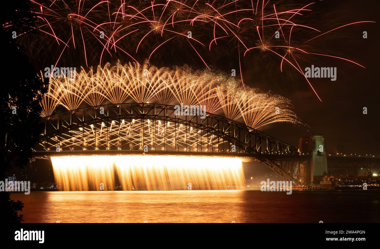 Sydney new years eve fireworks display from Sydney harbour bridge 2023 Stock Photo