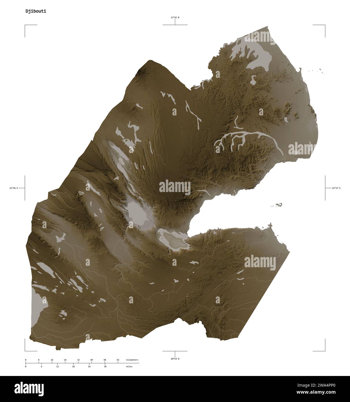 Djibouti map zoom border sepia - Shape Of A Elevation Map Colored In Sepia Tones With Lakes And Rivers Of The Djibouti With Distance Scale And Map Border Coordinates Isolated On Whi 2WA4PP0