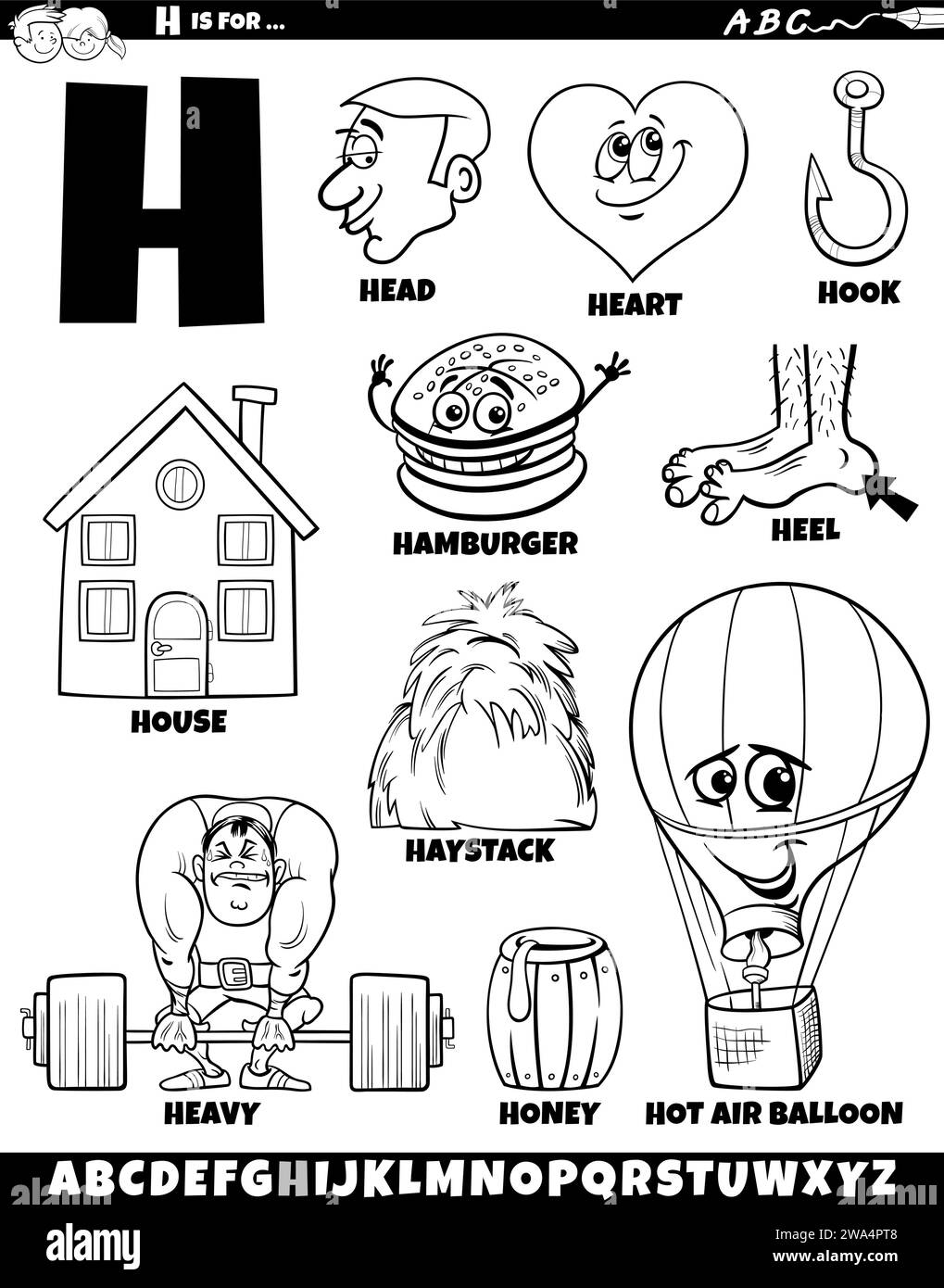 Cartoon illustration of objects and characters set for letter H