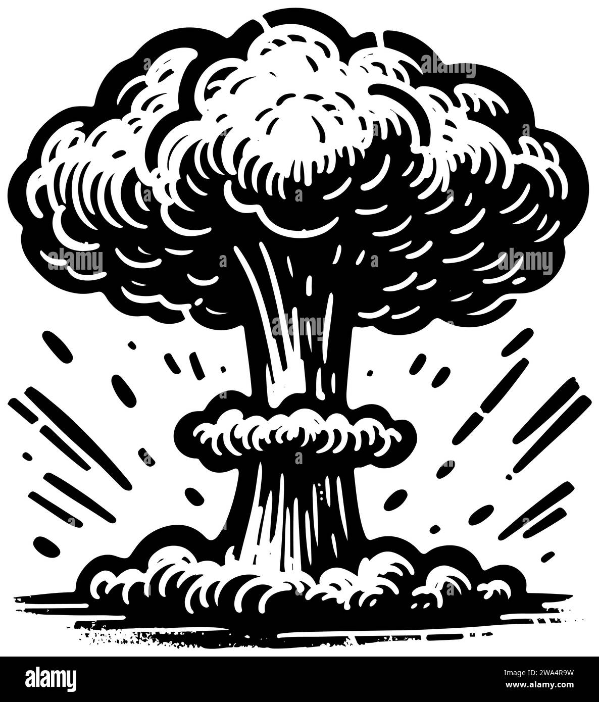 Nuclear explosion with mushroom cloud in linocut style. Stock Vector