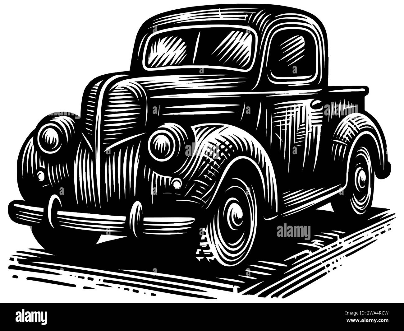 Woodcut style illustration of a vintage pickup truck in black and white. Stock Vector
